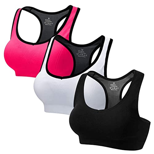 CARETOO Sport BHs für Frauen Racerback Medium High Impact Sport Fitness Yoga 3 Packs (Schwarz+Rose+Weiß, XL Fit 85DD 90D 90DD 95BC 95D)
