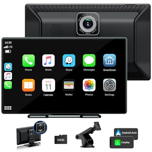 9 Zoll kabelloses Autoradio Apple Carplay mit 2,5K Dashcam, tragbares Android Auto Carplay mit 64 GB SD-Karte, GPS-Navigation, Auto-Audioempfänger mit Bluetooth