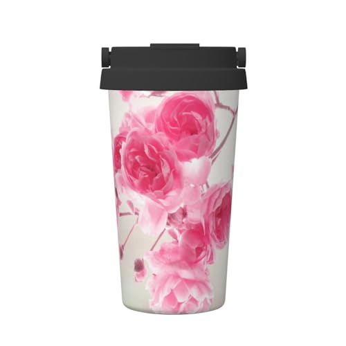 NGANOH Rosa Blumen Kaffeetasse Reisen, isolierter Kaffeebecher, wiederverwendbare Kaffeetassen, Thermo-Kaffeeflasche für Reisen, doppelwandiger Edelstahl-Reisebecher für heiße & kalte Getränke