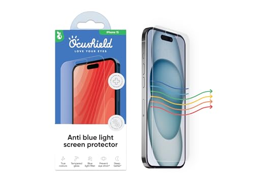 Ocushield Anti-Blaulicht-Displayschutzfolie aus gehärtetem Glas für iPhone 15 (6,1 Zoll), schützt Ihre Augen, reduziert Migräne und verbessert den Schlaf