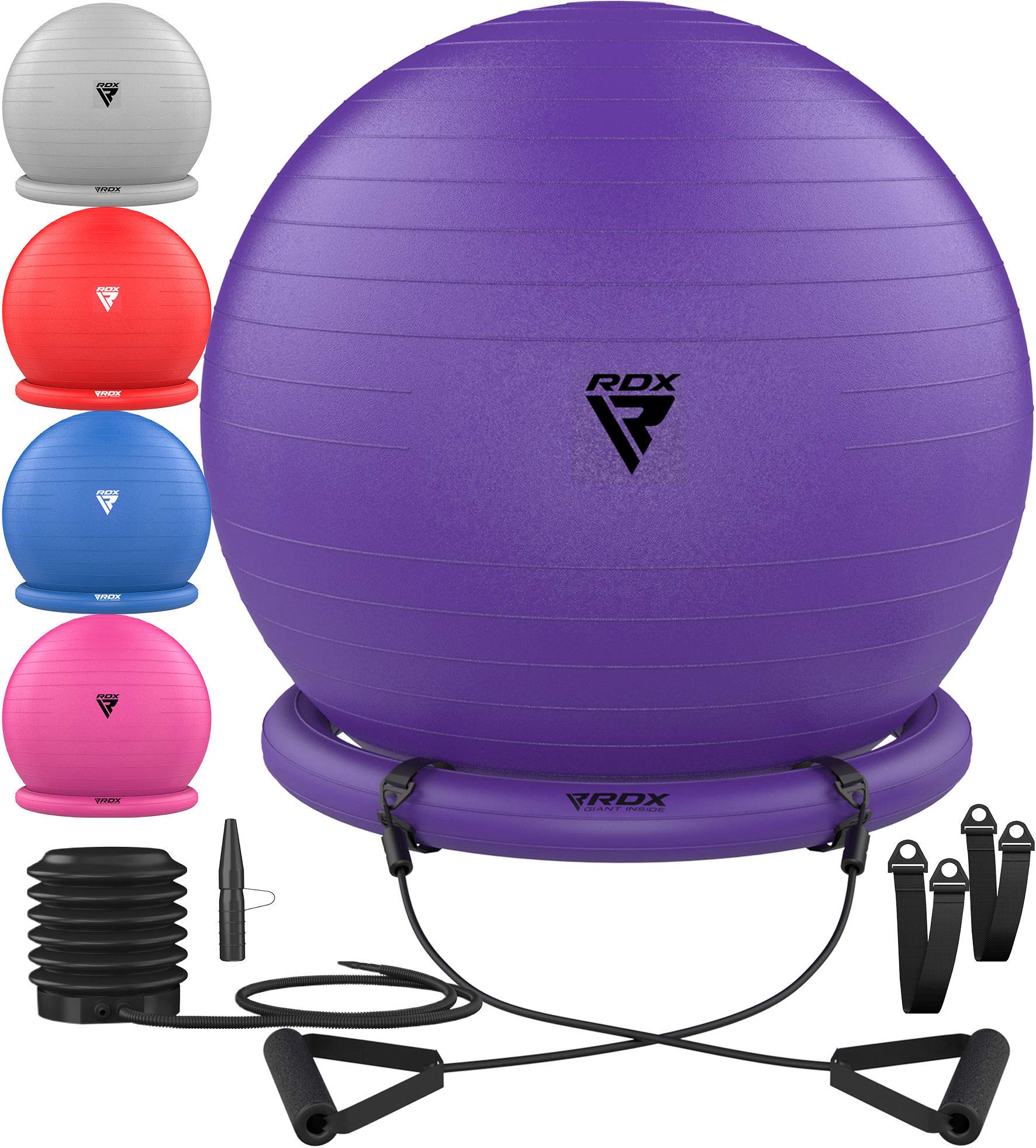 RDX Gymnastikball mit Widerstandsbänder Stabilitätsbasis, Extra Dicker Sitzball Yoga Pezziball Fitness Pilates Stuhl, Anti-Berst Balance Ball Luftpumpe Schwangerschaft Büro Hause Fitnessstudio 250kgs