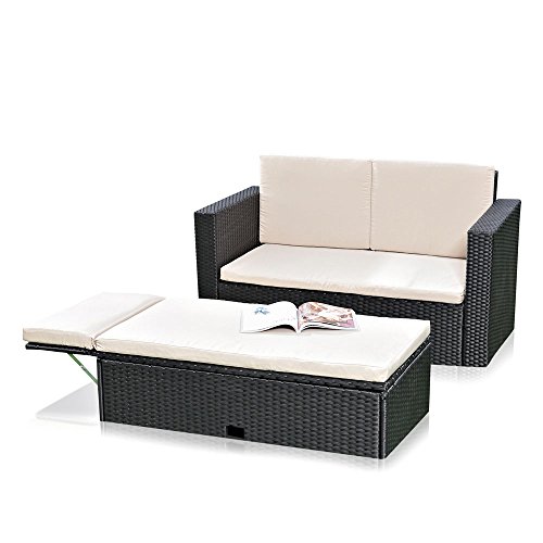 Melko Lounge Sofa-Garnitur Gartenset, Poly Rattan, mit klappbarer Fußbank, inklusive Kissen, mehrteilig, Schwarz