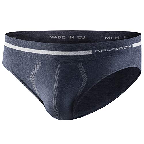 BRUBECK Slips Männer | Herren Slip atmungsaktiv | Unterhosen | Unterwäsche blau | Mens Underwear Seamless | Sports Briefs | Sportunterwäsche | 41% Merinowolle | Gr. L | Blaue Jeans | BE10050