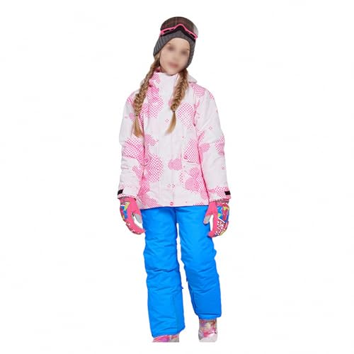 MAOTN Winddichte und warme Outdoor-Snowboardjacke mit Kapuze für Kinder, Leichter wasserdichter und kältebeständiger Winterskimantel für Mädchen + Trägerhosen-Set,Style1,140