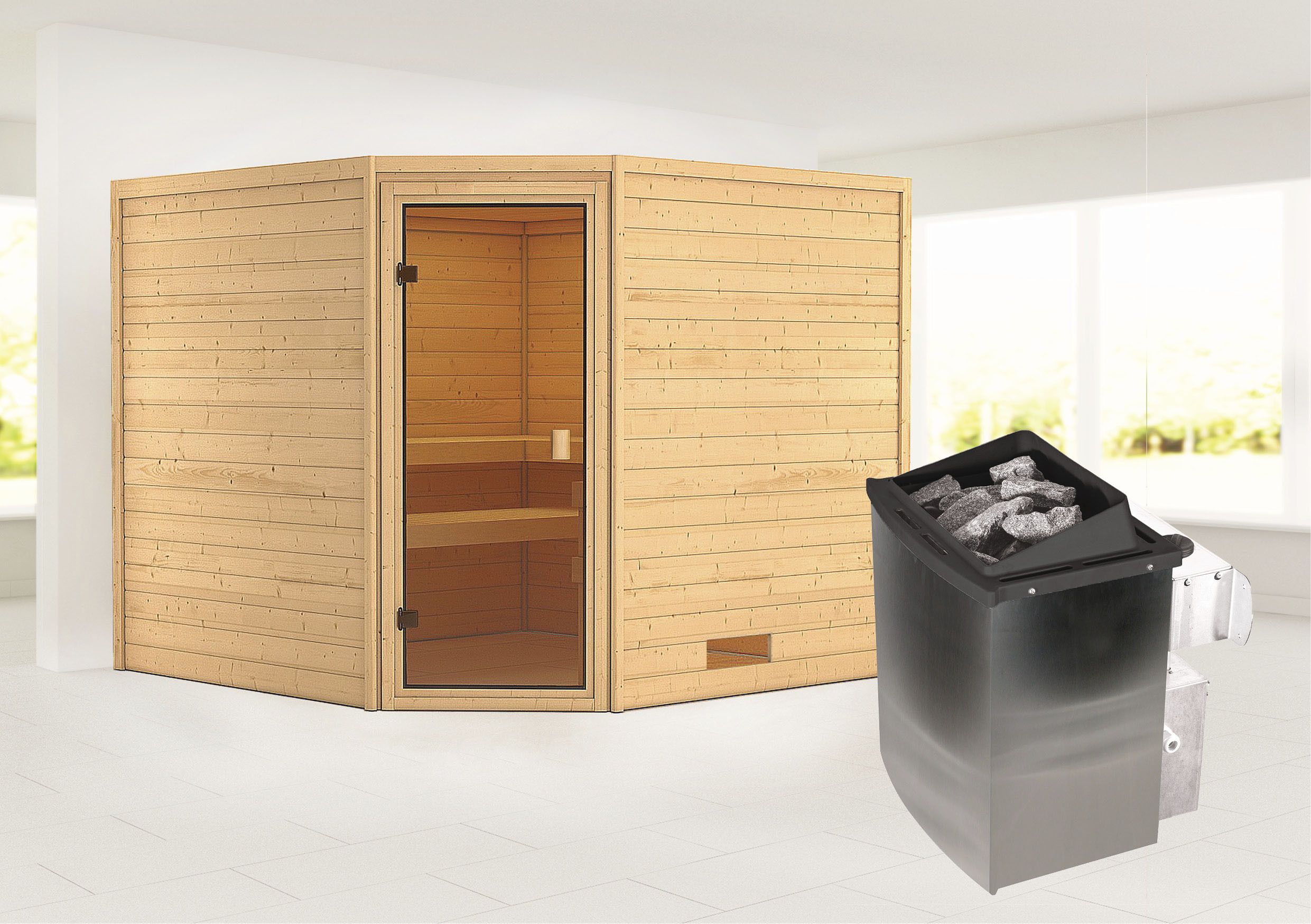 Karibu Sauna ""Leona" mit bronzierter Tür Ofen 9 kW integr. Strg"