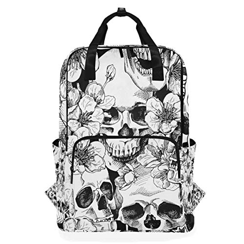 Hunihuni Schultasche mit Totenkopf-Blumenmuster, multifunktional, für die Schule, zum Wandern, Reisen, Tagesrucksack, Schultertasche