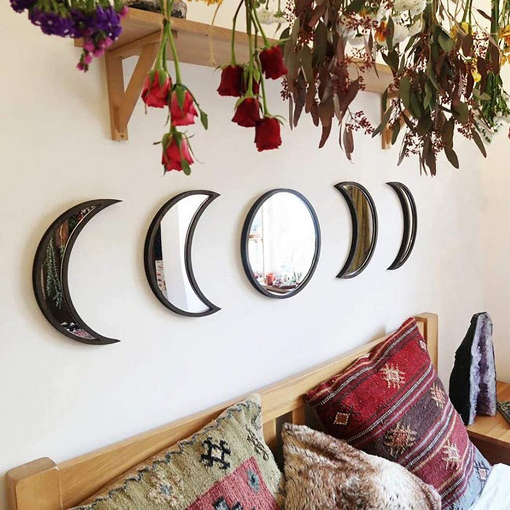 Delaspe Mondphasenspiegel 5 Stück Dekoration Spiegel Acryl Home Interior Design Holz Bohemian Wanddekoration
