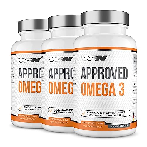 WFN Approved Omega 3-3x 120 Fischöl Kapseln - Premium Omega 3 Kapseln hochdosiert - 1500mg EPA DHA pro Portion - Essentielle Fettsäuren als Triglyceride - Made in Germany - Extern laborgeprüft