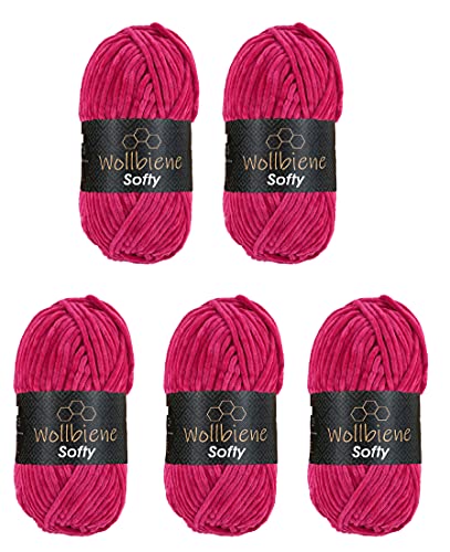 Wollbiene Softy 5 x 100 Gramm chenille wolle zum häkeln Strickwolle, Babywolle, 500 Gramm Chenille Wolle Super Bulky crochet yarn (fuchsia 83)