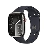 Apple Watch Series 9 (GPS + Cellular, 45 mm) Smartwatch mit Edelstahlgehäuse in Graphit und Sportarmband S/M in Mitternacht. Fitnesstracker, Blutsauerstoff und EKG Apps, Always-On Retina Display
