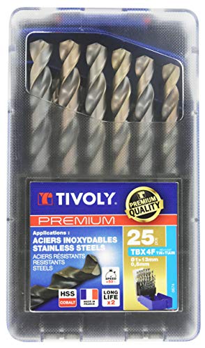Timoly 11456170017 Premium-Bohrer-Set, 25 Stück, Tbx 4F HSS Kobalt beschichtet Blade, 4-seitiges Schärfen, enthält Ø 1 bis 13 mm pro 1/2 mm