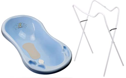 Baby Badewanne mit Gestell, Anti Rutsch Matte und Abflussschlauch (blau Giraffe, 3 tlg)