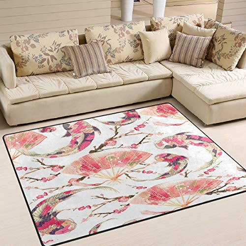 Use7 Teppich, asiatische japanische Karpfen-/Koi-Blumen-Teppich, für Wohnzimmer, Schlafzimmer, Textil, mehrfarbig, 160cm x 122cm(5.3 x 4 feet)
