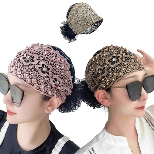Damen Kopfband mit floraler Spitze, mit Perlen besetzt, florales Spitzen-Stirnband, hochelastisches Netz-Stirnband, Frühling, Sommer, elegantes Haar-Accessoire (Rosa + Braun)