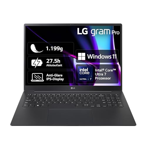2024 LG Gram Pro 16 Zoll Notebook - 1199g Intel Core Ultra7 Laptop (32GB RAM, 2TB Dual SSD, 24,5h Akkulaufzeit, IPS Panel Anti-Glare Display, Win 11 Home) - Schwarz