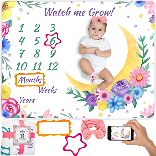 Happy Chlea® Monate Babydecke für Neugeborene, männlich und weiblich, originelles Geschenk für Neomamme, Fotodecke, Kinder, Geschenkidee für Babys, zertifiziert (Mond und Blumen)