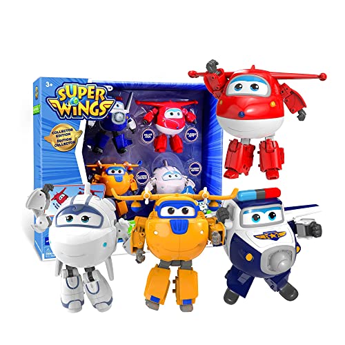 Super Wings EU730206 Transformator-Set X4 – Flugzeuge Figuren Transformable Roboter Cartoon Spielzeug Kinder ab 3 Jahren – 12 cm, blau gelb weiß rot, One Size