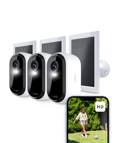 Arlo Essential HD Überwachungskamera Aussen & 3X Solar, Kabellos, 1080p Video, Farbnachtsicht, Licht, Bewegungsmelder, Sirene, 2-Wege Audio, Smart Home + Arlo Secure Plan Testzeitraum, 3er Set, Weiß