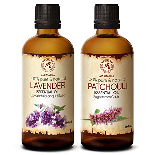 Patchouliöl und Lavendelöl - 2x100ml - Aromatherapie Öl - Ätherische Öle Set für Aroma Diffusers und Seifen - Lavendel Öl für Duftkerzen und DIY Naturkosmetik - Patchouli Öl für Hautpflege