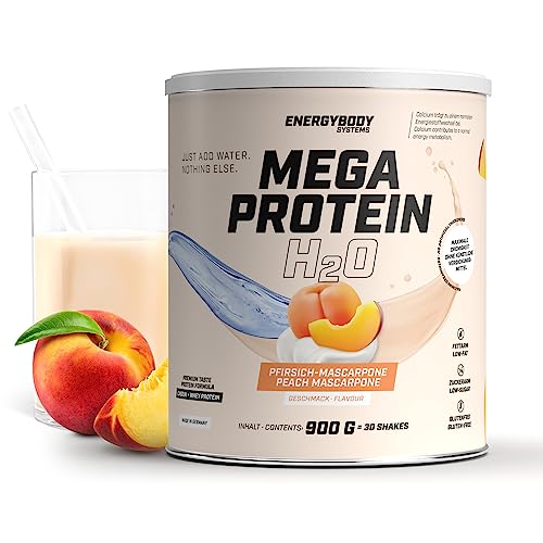 Energybody® Mega Protein H2O 900g / Für Wasser optimiertes Eiweiss Protein Pulver als Whey Casein Mix/Eiweißpulver zuckerarm, fettarm, glutenfrei/Mehrkomponenten Protein (Pfirsich-Mascarpone)