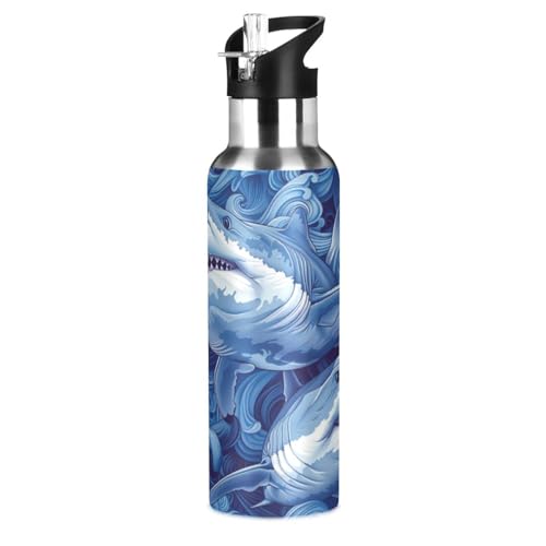 Blauer Seefischhai Trinkflasche Wasserflasche mit Strohhalm für Sport, 600ML Thermosflasche BPA-frei Isolierflasche Edelstahl 18/8 für Kinder Wandern Schule