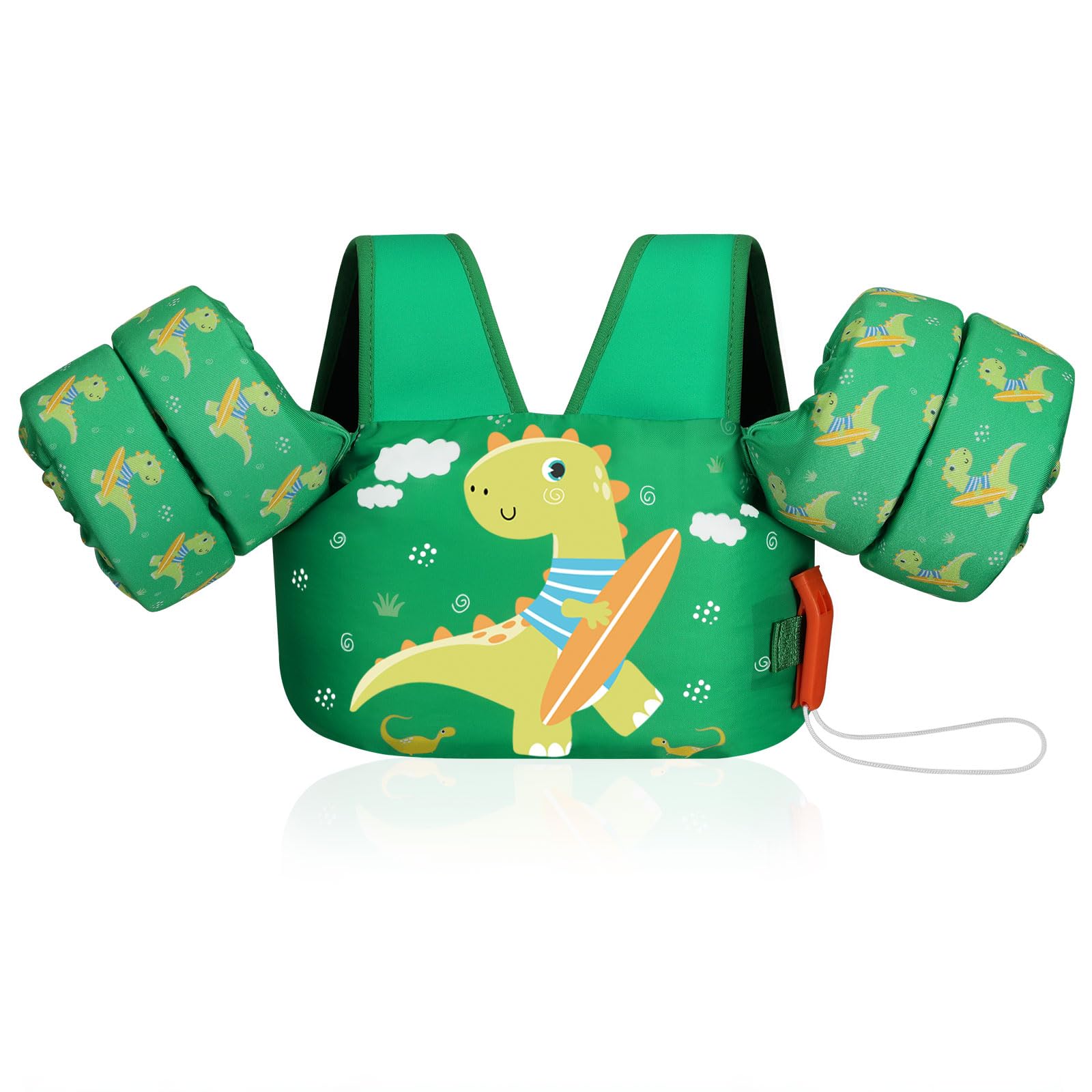 MoKo Kinder Schwimmflügel, Cartoon Schwimmweste mit Schultergurt Schwimmtraining Jacke Schwimmende Badeanzug Schwimm Zubehör mit Doppel Sicherheitsschnalle für Jungen Mädchen, Grün & Dinosaurier