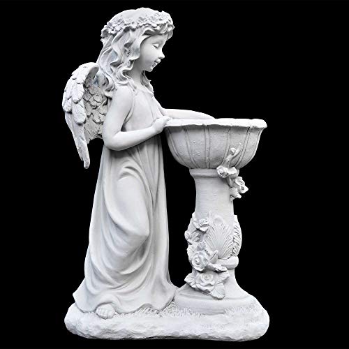 Wilai Stehender Engel am Wasserbrunnen Steinfigur Massive Skulptur Steinguss Wasserspiel Grabdeko Gartendeko wetterbeständig