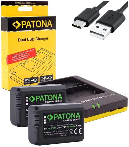 PATONA Premium 2X (1030mAh) - Ersatz Fuer Akku Sony NP-FW50 mit USB Dual Ladegegerät zu DSC RX10 - Alpha 6100 6300 6500 Alpha 7 NEX 3 5 6 7 SLT A55 A3000 usw