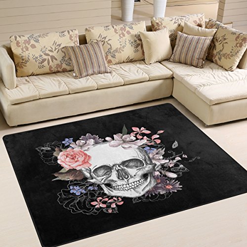 Use7 Teppich für Wohnzimmer, Schlafzimmer, 160 cm x 122 cm, Pink mit Totenkopf-Motiv, Schwarz