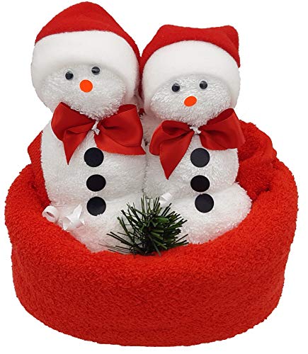 Frotteebox Geschenk Set Schneemann Paar weiß mit roter Mütze in Handarbeit geformt aus Handtuch 100x50cm rot, 2X Waschhandschuh weiß und 2 Eierwärmer als Mütze