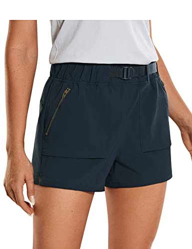 CRZ YOGA Damen Leicht Wandern Shorts mit Gürtel Sportshorts Kurze Hose Laufshorts mit Taschen - 7.6cm Echte Marine 40