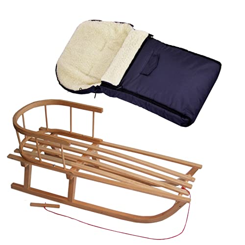 Kombi-Angebot Holz-Schlitten mit Rückenlehne & Zugseil + universaler Winterfußsack (90cm), auch geeignet für Babyschale, Kinderwagen, Buggy, Lammwolle Uni (marine + Schlitten)