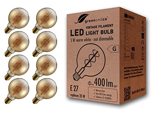 8x greenandco® Vintage Glühfaden LED Lampe ersetzt 25W E27 G95 5W 250lm 2000K extra warmweiß 360° 230V flimmerfrei, nicht dimmbar, 2 Jahre Garantie