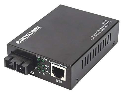 Intellinet 508209 Gigabit PoE+ Medienkonverter 1000Base-T RJ45-Port auf 1000Base-LX (SC) Singlemode 20 km PoE+ Injektor
