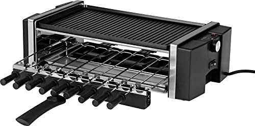 MAXXMEE Multi-Raclette-Grill 3in1 | Tischgrill für 6 Personen, mit 9 automatisch drehenden Spießen, wendbare Grillplatte (geriffelt/glatt) | Edelstahldesign [1200 Watt]