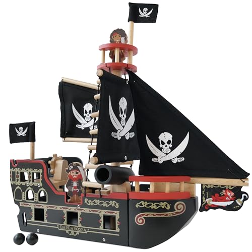 Le Toy Van – Pädagogisches Pirates Collection Piratenschiff „Barbarossa“ aus Holz, mit Kanone, Kanonenkugeln, Planke, Falltür und Anker | Rollenspiel Piratenspielzeug, TV246