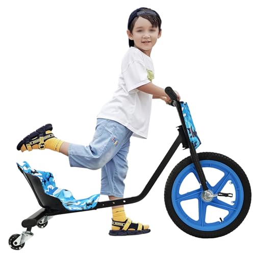 16 Zoll Drift Trike Drift Scooter 360 Grad Mit rutschfestem Gummigriff und rutschfestem, gemustertem Pedal LED-Hinterradbeleuchtung für Kinder,Jungen, Mädchen Blau