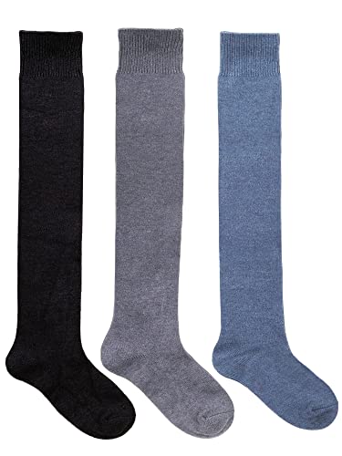 Camilife Dreierpack Mädchen Damen Verdickt Overkneestrümpfe Kniestrümpfe Einfach Basic Einfarbig Mädchensocken College Stil Highstreet Stil Warm für Herbst Winter 35-39 - Schwarz & Grau & Blau