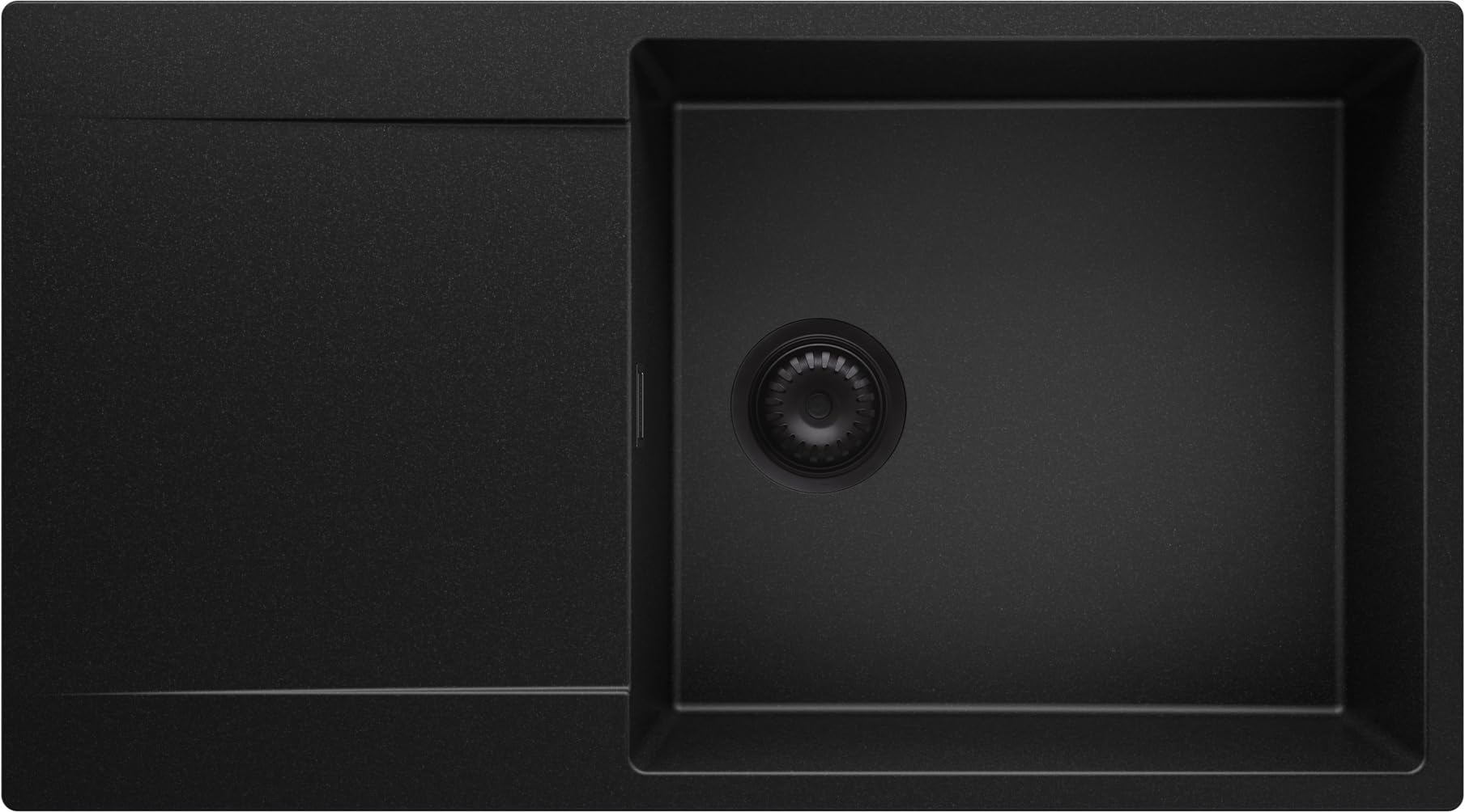 Spülbecken Alles Schwarz 90x50 cm, Granitspüle + Ablauf-Set Schwarz, Küchenspüle für 60er Unterschrank, Einbauspüle von Primagran