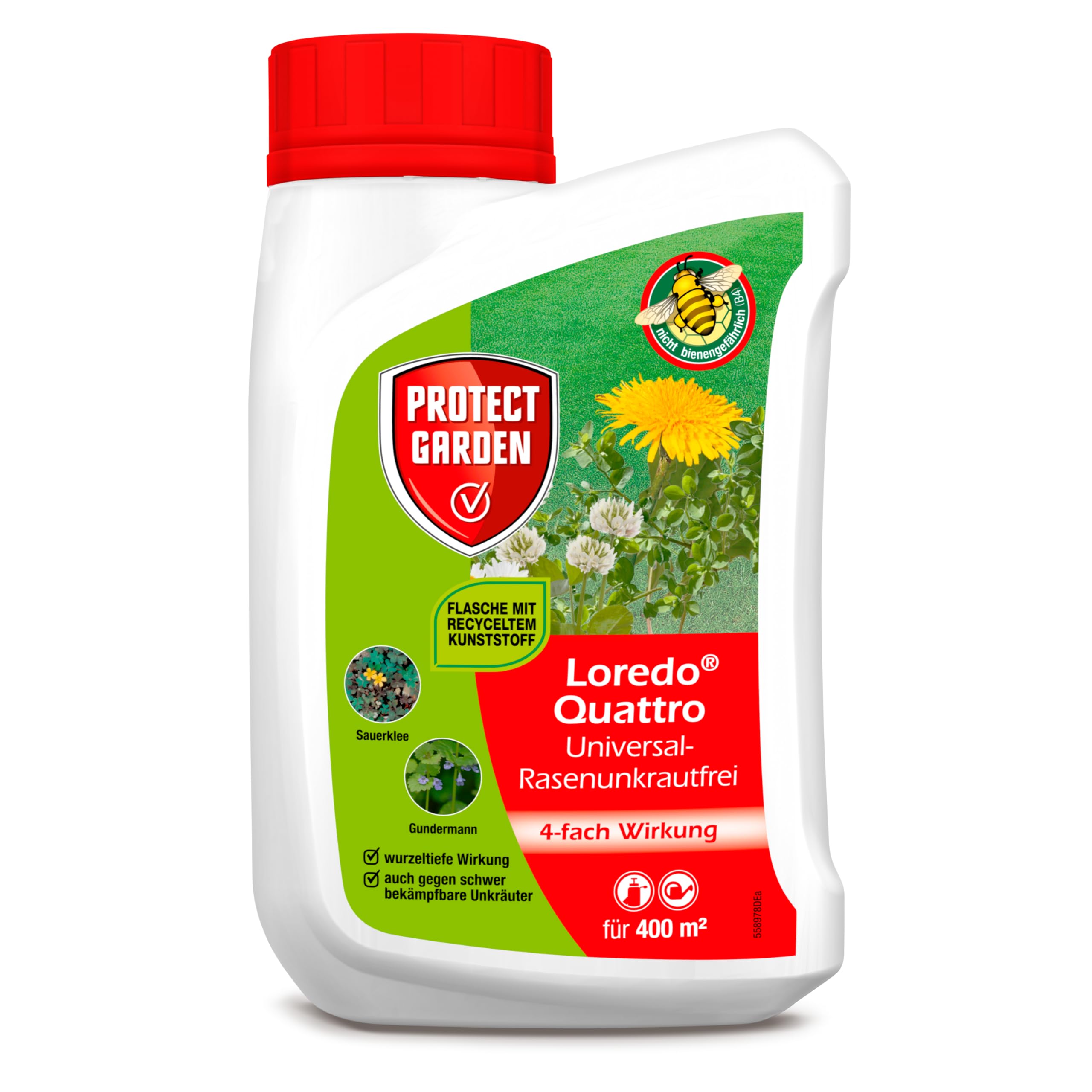 PROTECT GARDEN Universal-Rasenunkrautfrei Loredo Quattro Rasen-Unkrautvernichter gegen hartnäckige Unkräuter mit 4-fach Wirkung, 400 ml