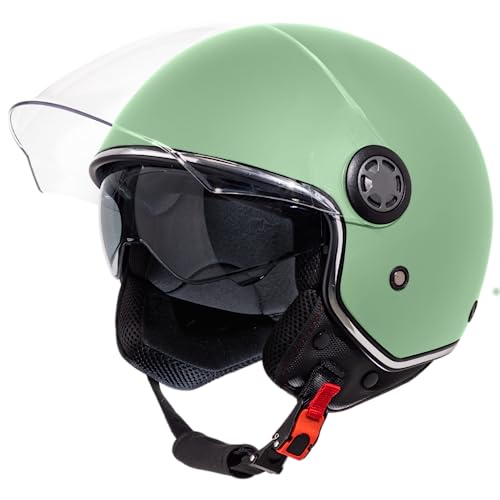 VINZ Pavia Jethelm mit Doppelvisier | Roller Helm Fashionhelm | In Gr. XS-XXL | Jet Helm mit Sonnenblende | ECE 22.06 Zertifiziert | Motorradhelm mit Visier - Minzgrün