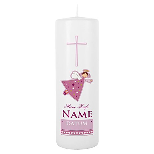 Striefchen® Taufkerze rosa für Mädchen mit Schutzengel inkl. Gratis Beschriftung 25x8 cm Blanche Weiß