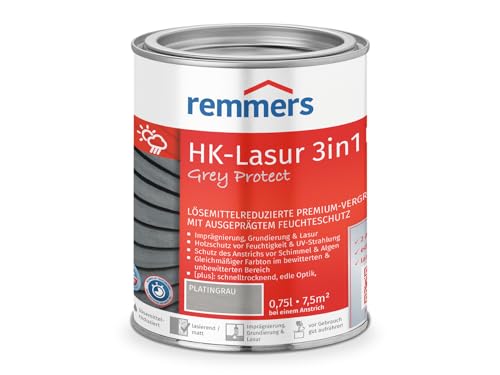 Remmers Aqua HK-Lasur 3in1 Grey Protect platingrau, matt, 0,75 Liter, Holzlasur, Premium Holzlasur außen, natürliche Grautöne, 3in1 Holzschutz