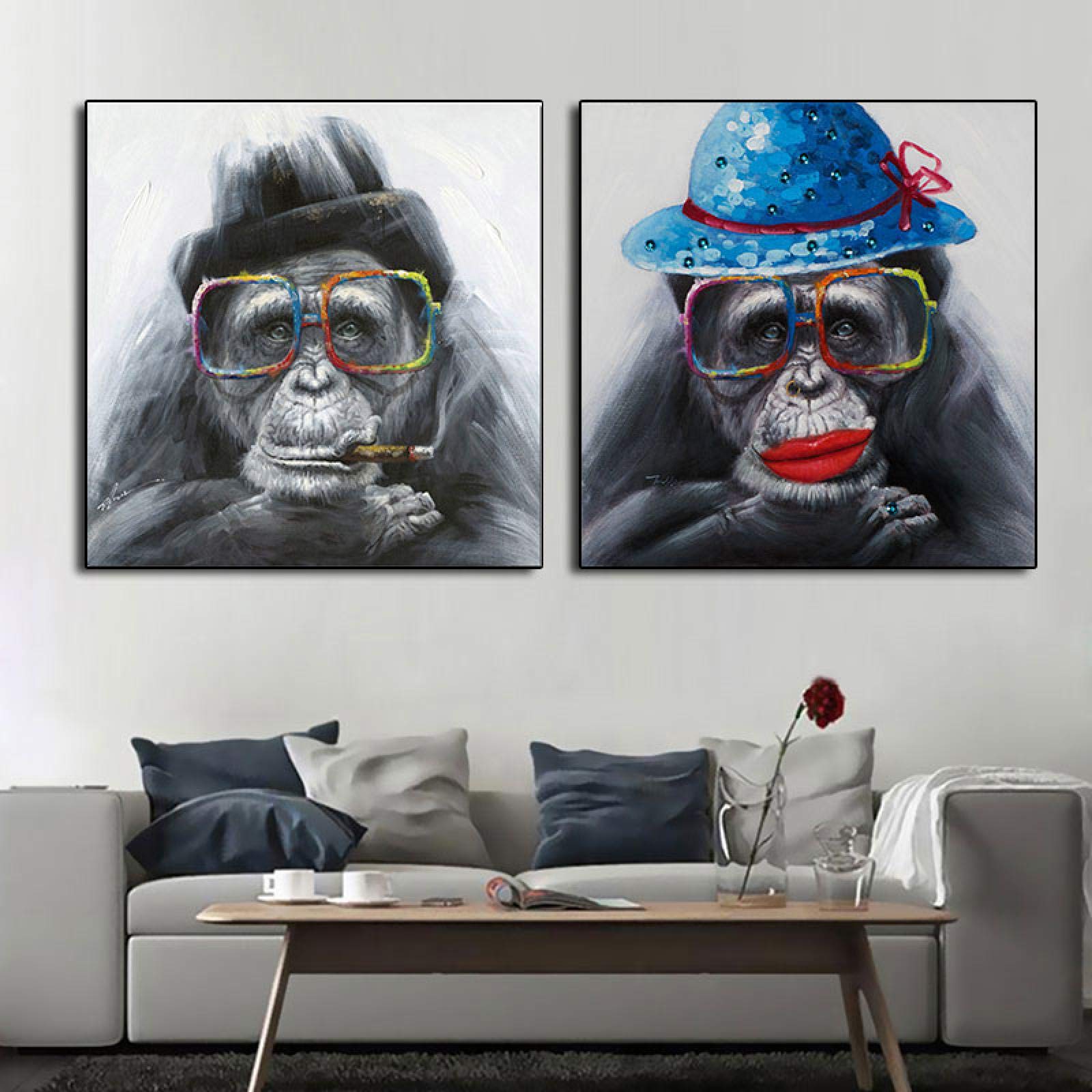 Leinwand Malerei Tier Poster und Drucke Rauchen AFFE Gorilla mit Brille Wandbilder für Wohnzimmer Home Decor-50x50cm 2 STK. Kein Rahmen