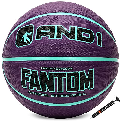 AND1 Fantom Gummi-Basketball und Pumpe (zweifarbige Serie) – offizielle Größe 7 (74,9 cm) Streetball, für drinnen und draußen Basketballspiele (Royal Purple/Aqua)