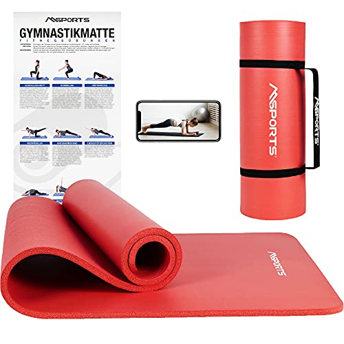 MSPORTS Gymnastikmatte Premium inkl. Tragegurt + Übungsposter + Workout App I Hautfreundliche Fitnessmatte 190 x 100 x 1,5 cm - Rubinrot - Phthalatfreie Yogamatte