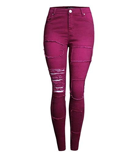 Huixin Damen Jeans Stretch Distressed Lässige Zerrissen Löcher Jeanshose Denim Hose Elegant Button Mit Taschen Freizeithose (Color : WineRed, Size : 2XL)