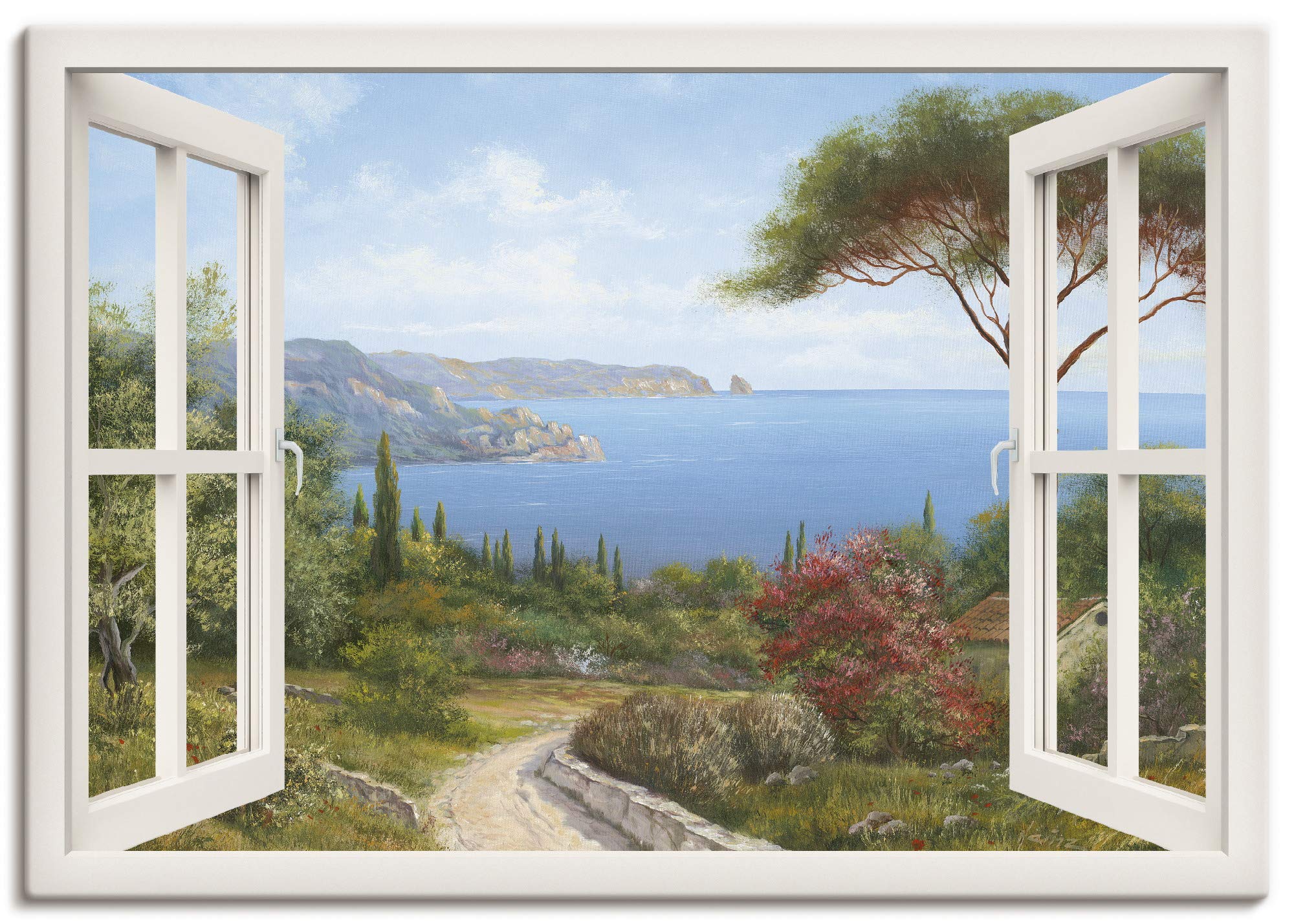 Artland Leinwandbild Wandbild Bild auf Leinwand 100x70 cm Wanddeko Fensterblick Fenster Küste Meer Bucht Landschaft Natur Malerei Kunst T4EF
