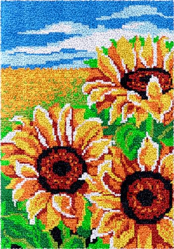 AMBATTERY Blumen Knüpfteppich Sonnenblumen-Diy-Stickkissenteppich, Unfertiges Häkelteppich-Set Mit Vordruck, Riegelhaken-Kits Für Anfänger Und Erwachsene 35x46in