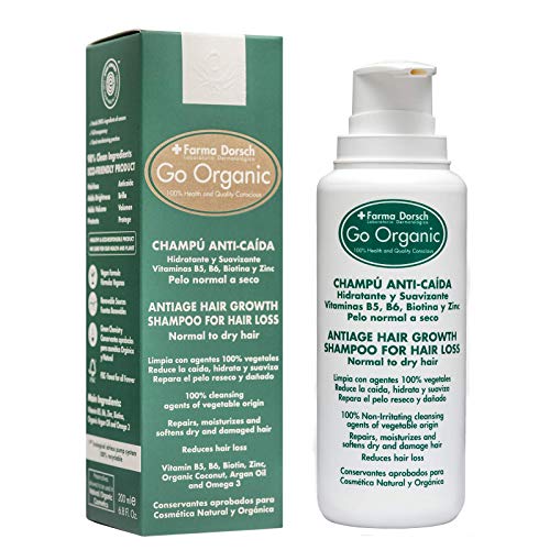Farma Dorsch Go Organic Shampoo gegen Haarausfall, sauber, feuchtigkeitsspendend, für voluminöses Haar, weich und glänzend, Anti-Haarausfall-Shampoo für Damen, 200 ml